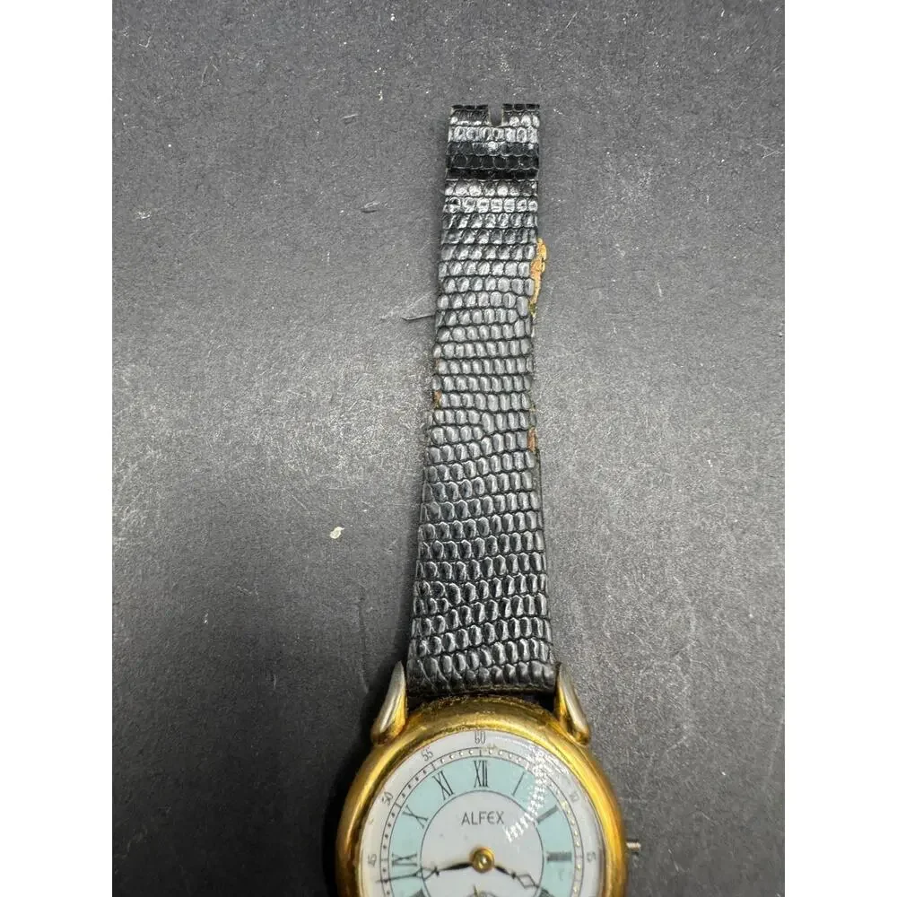 ALFEX Swiss Made Gold Tone Bezel Women's Wristwatch Black Leather Band